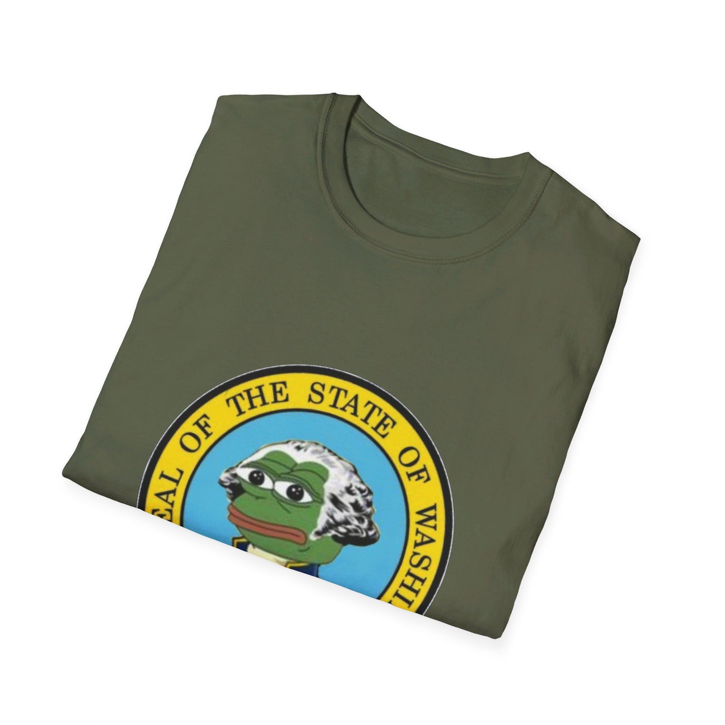 Washington State Seal Pepe in Powdered Wig Unisex Softstyle T-Shirt