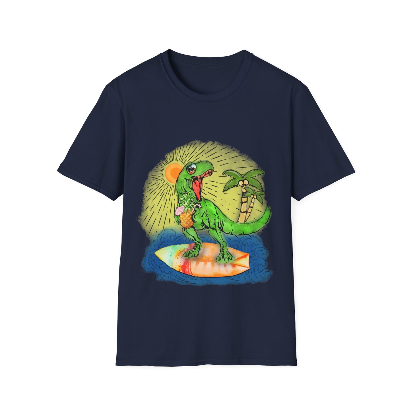 Surfing drinking T-Rex Unisex Softstyle T-Shirt