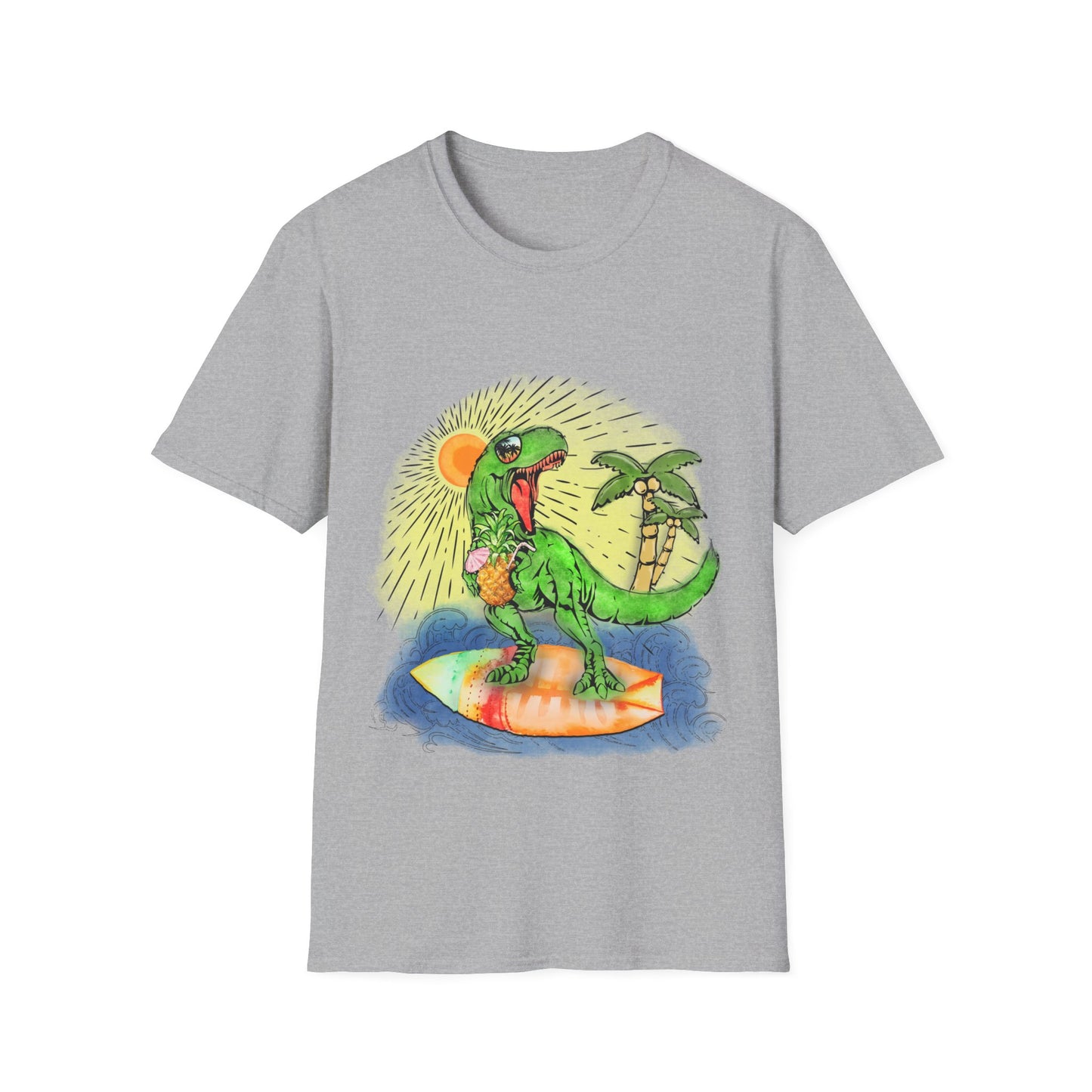 Surfing drinking T-Rex Unisex Softstyle T-Shirt