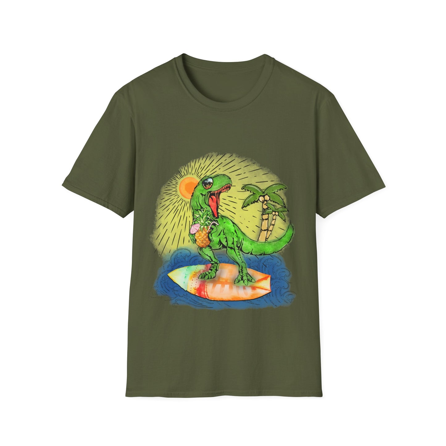 Surfing drinking T-Rex Unisex Softstyle T-Shirt