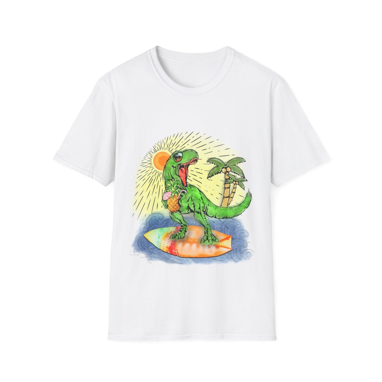 Surfing drinking T-Rex Unisex Softstyle T-Shirt