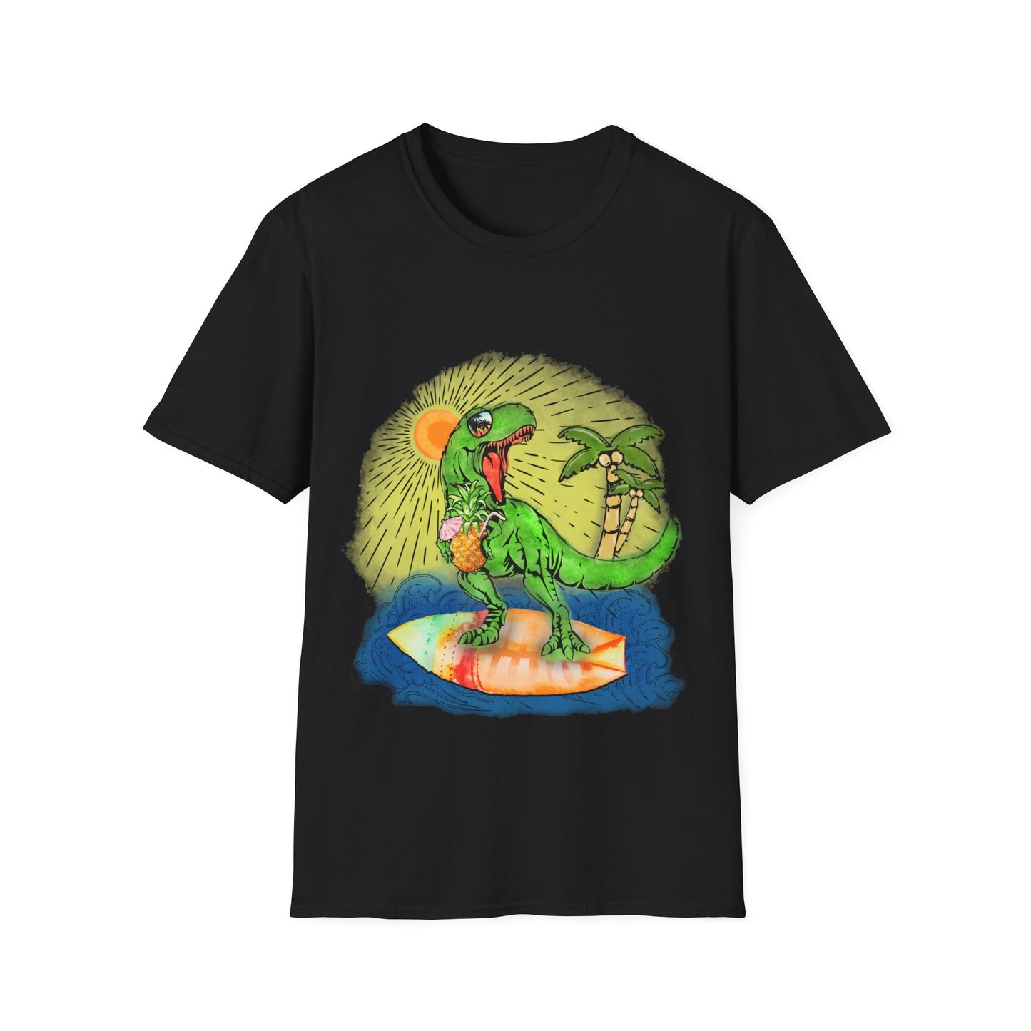 Surfing drinking T-Rex Unisex Softstyle T-Shirt