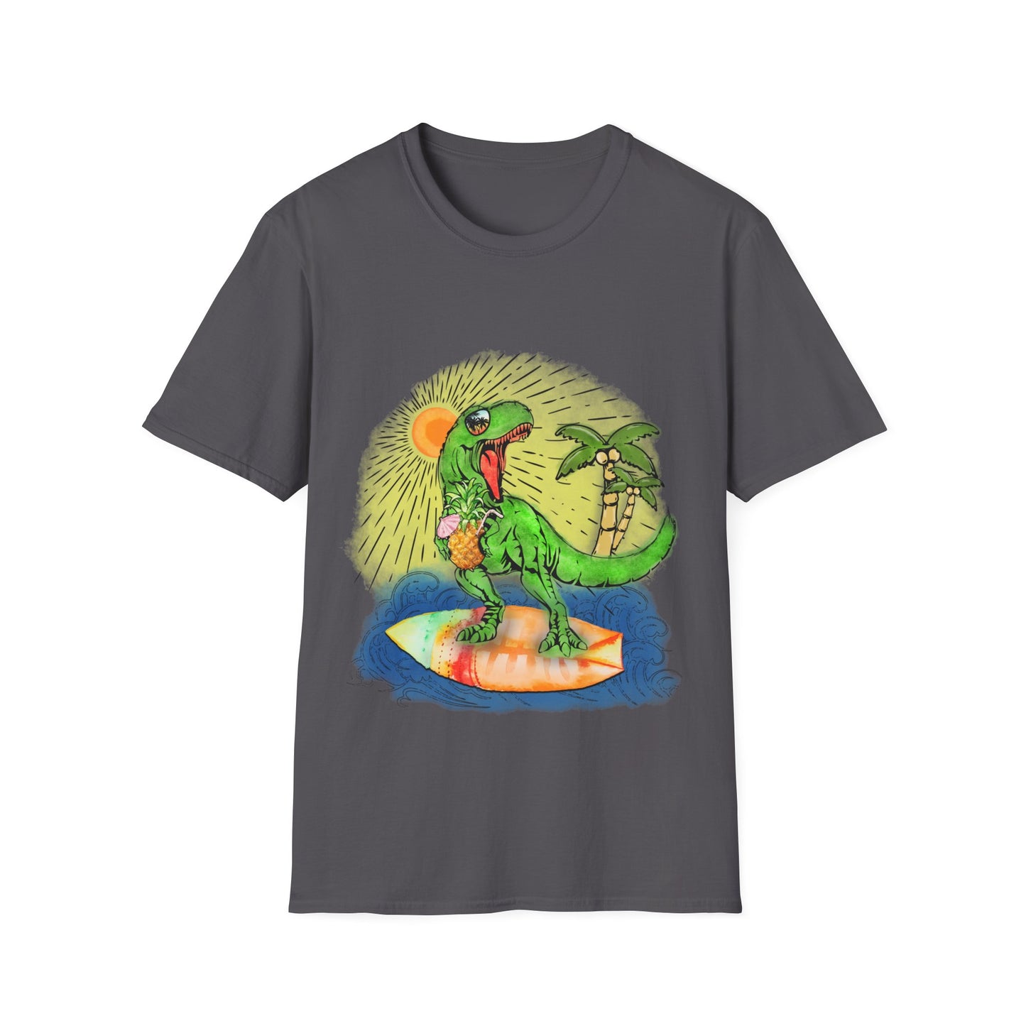 Surfing drinking T-Rex Unisex Softstyle T-Shirt