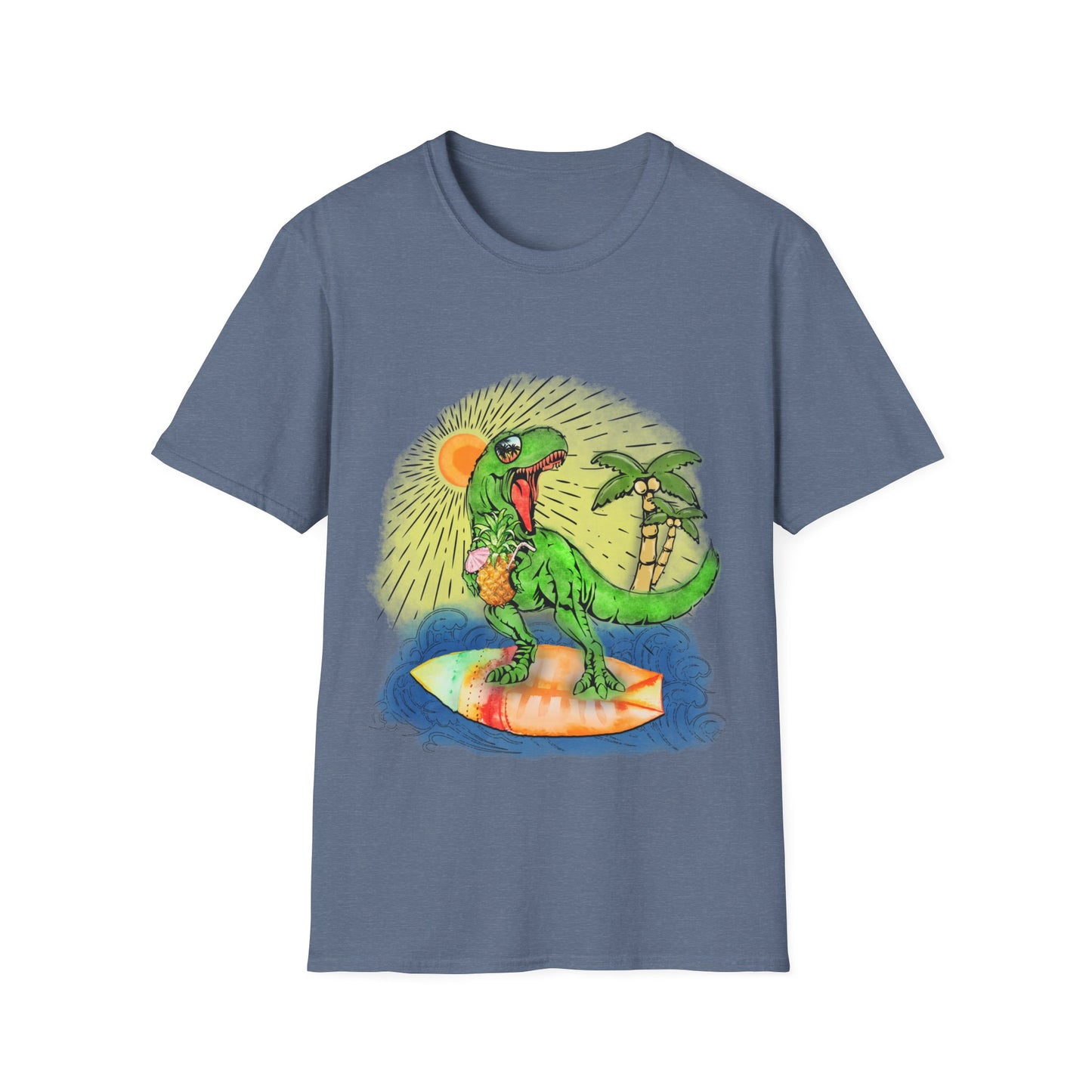 Surfing drinking T-Rex Unisex Softstyle T-Shirt